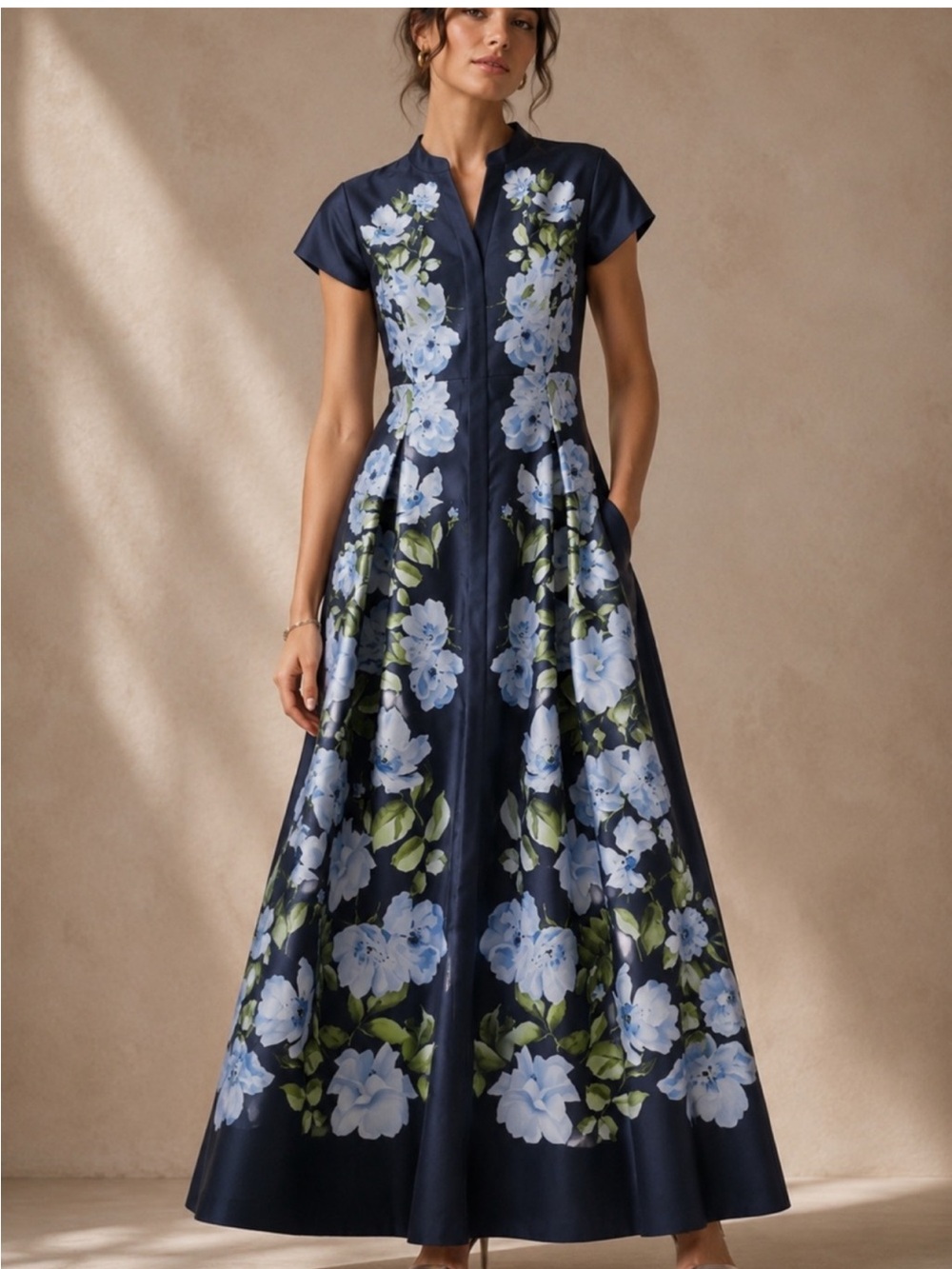 SACHIN BABI Marta Mikado Gown in Floral Fresco Blue Maxi Dress